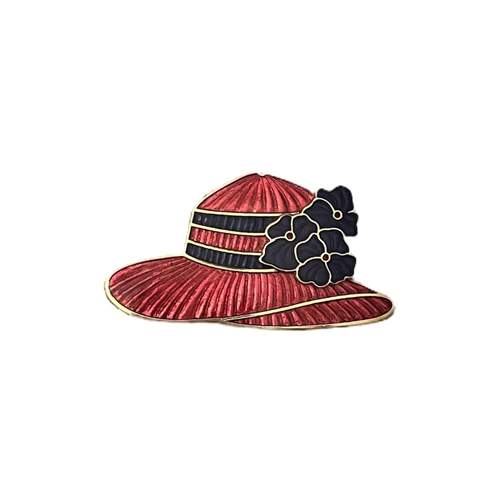 Red Hat Enamel Brooch Pin with Purple Flower Accent